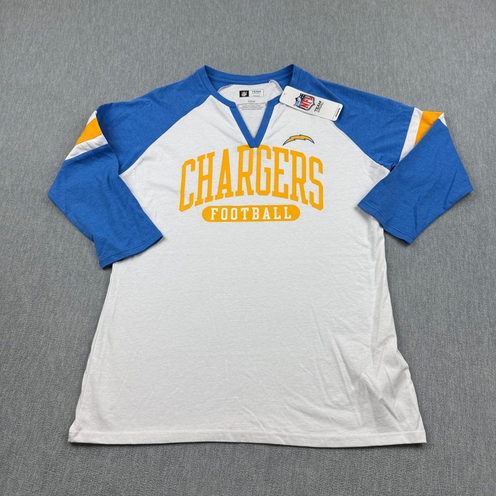 Las Angeles Chargers Shirt Women Medium White Blue VNeck NFL Football 3/4 Sleeve - Picture 1 of 10